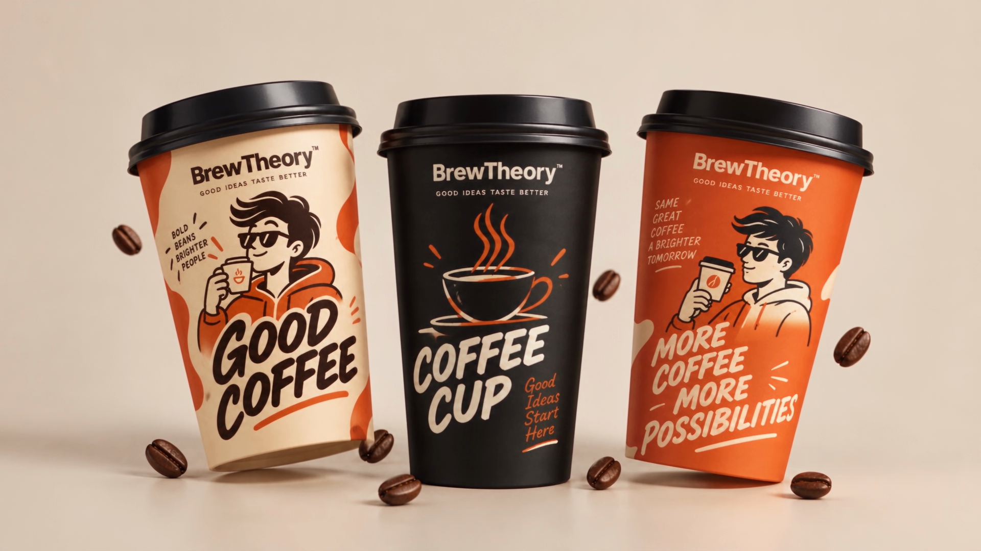 Three BrewTheory coffee cups in cream, black, and orange