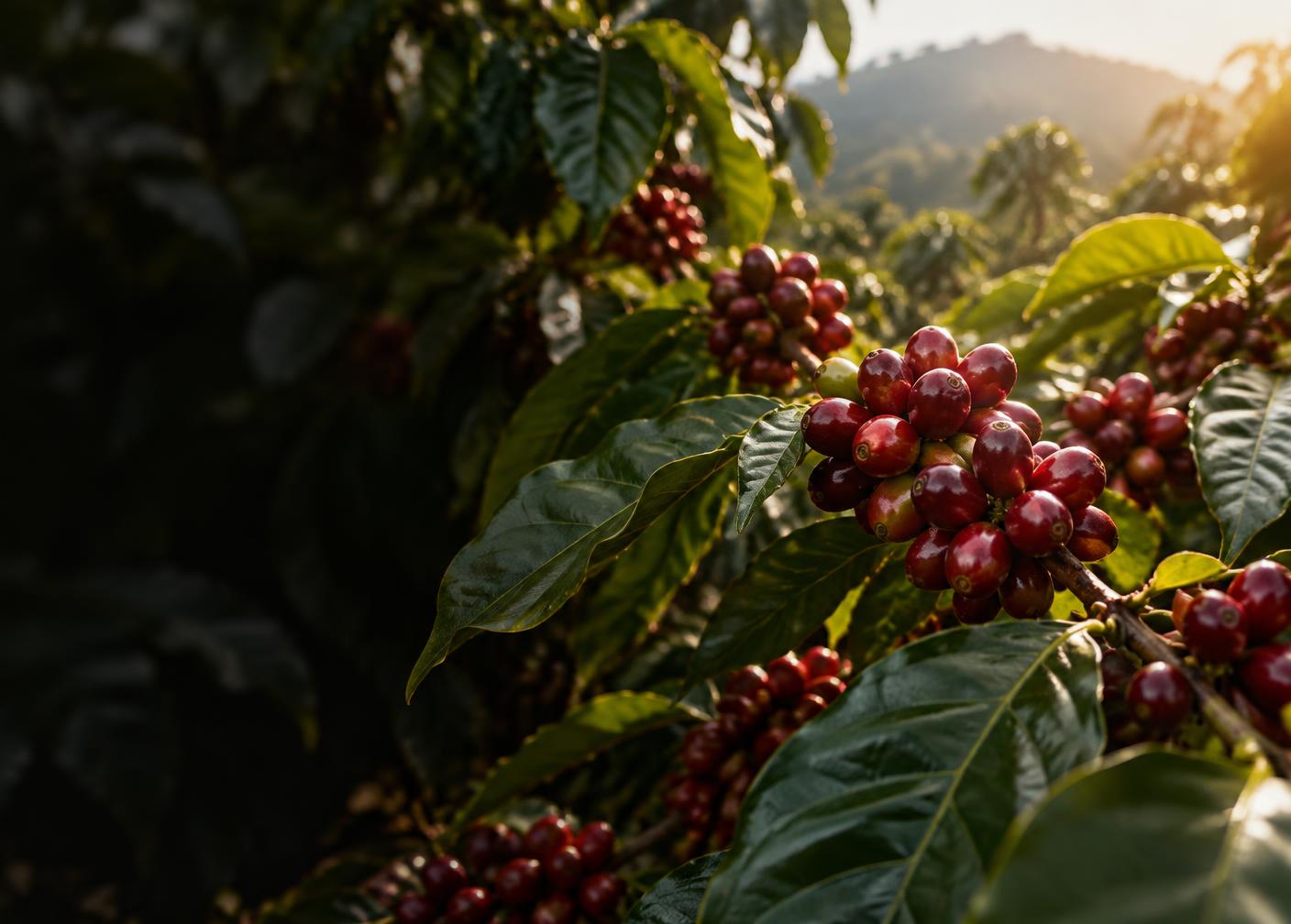 Ripe coffee cherries growing on a coffee farm